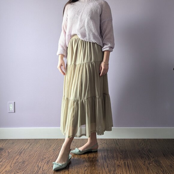 Tiered Sage Green Mesh Skirt, Size S - Picture 1 of 8